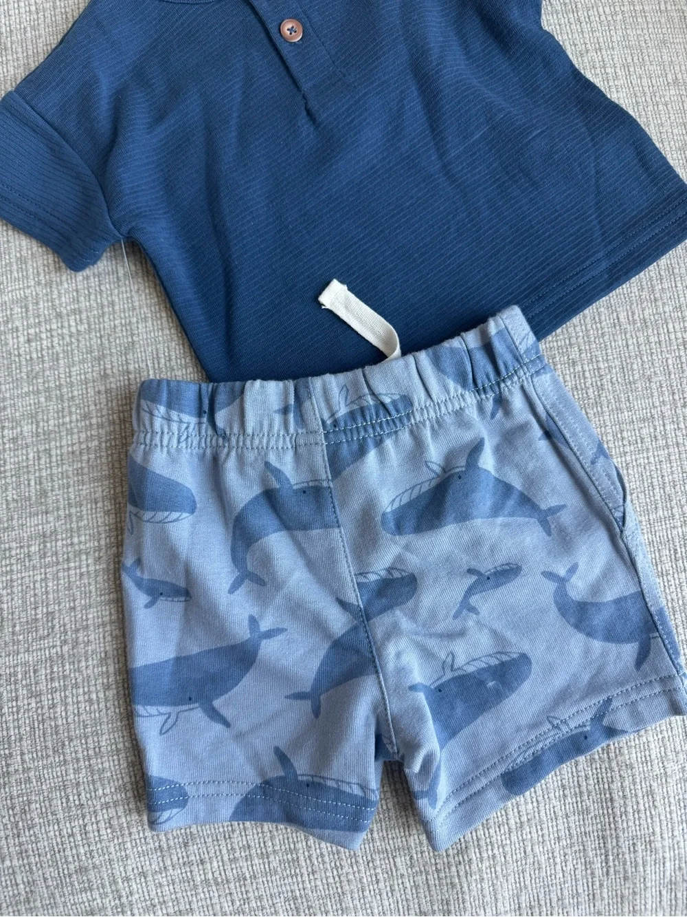 Carter's Navy Ribbed Henley Top with Light Blue Whale Shorts 6 months